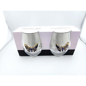 Rachel Zoe Jeweled Rhinestone Butterfly Stemless Wine Glasses 18.26 oz –Lot of 2